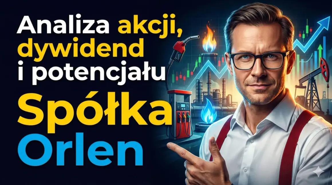 Analiza akcji, dywidend i potencjału spółki Orlen. Mężczyzna w okularach wskazuje na wykresy giełdowe i rafinerię.