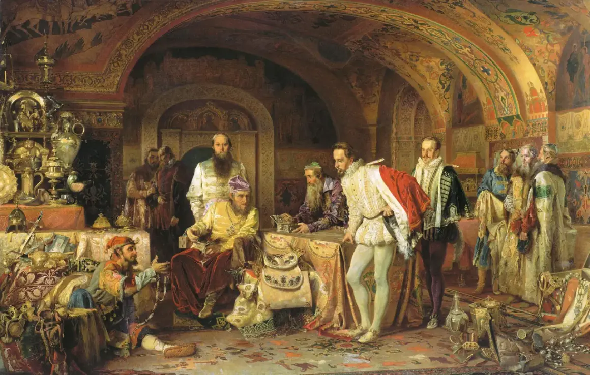 Iwan Groźny i syn w bogato zdobionej komnacie, otoczeni dworzanami i skarbami.