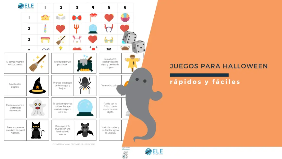Juego de comprensión lectora de Halloween con imágenes de brujas, fantasmas y dados.
