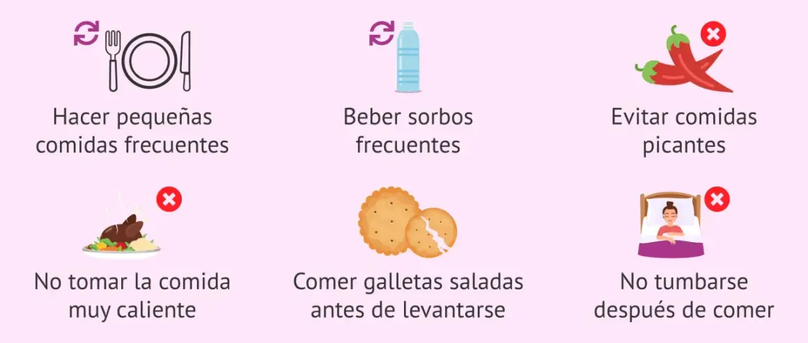 Consejos para aliviar los mareos del embarazo en el primer trimestre: comer poco y a menudo, beber agua, evitar picantes y comidas muy calientes.
