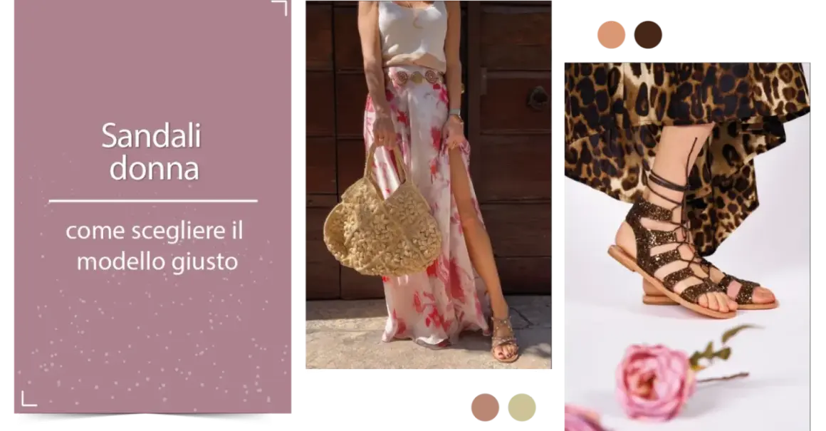 Sandali donna: come scegliere il modello giusto. Un look estivo con sandali multicolor bassi, borsa di paglia e abito floreale.