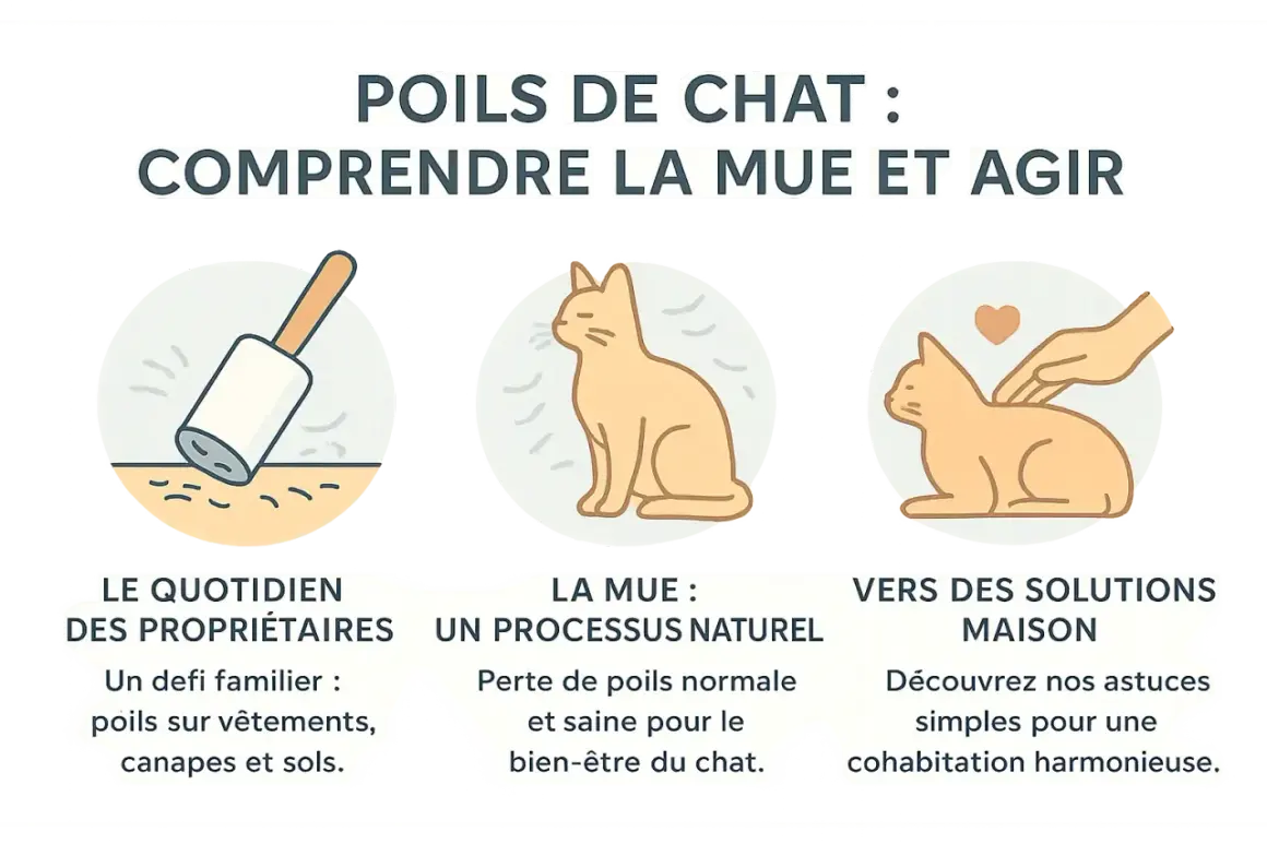 Rouleau pour enlever les poils de chat sur les vêtements, un chat en pleine mue, et une main caressant un chat. Astuces pour une cohabitation harmonieuse.