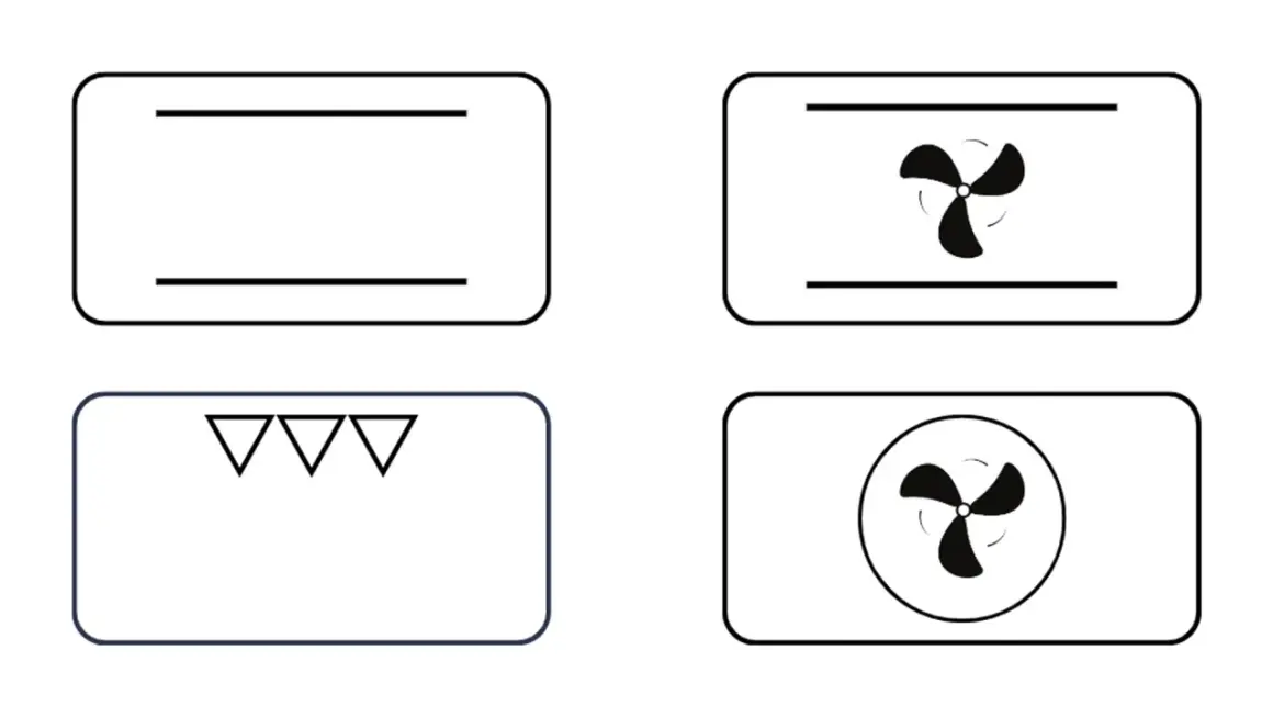 Symbole für Backofenfunktionen: Ober-/Unterhitze, Umluft mit Lüfter oben, nur Unterhitze, Umluft mit Lüfter hinten.