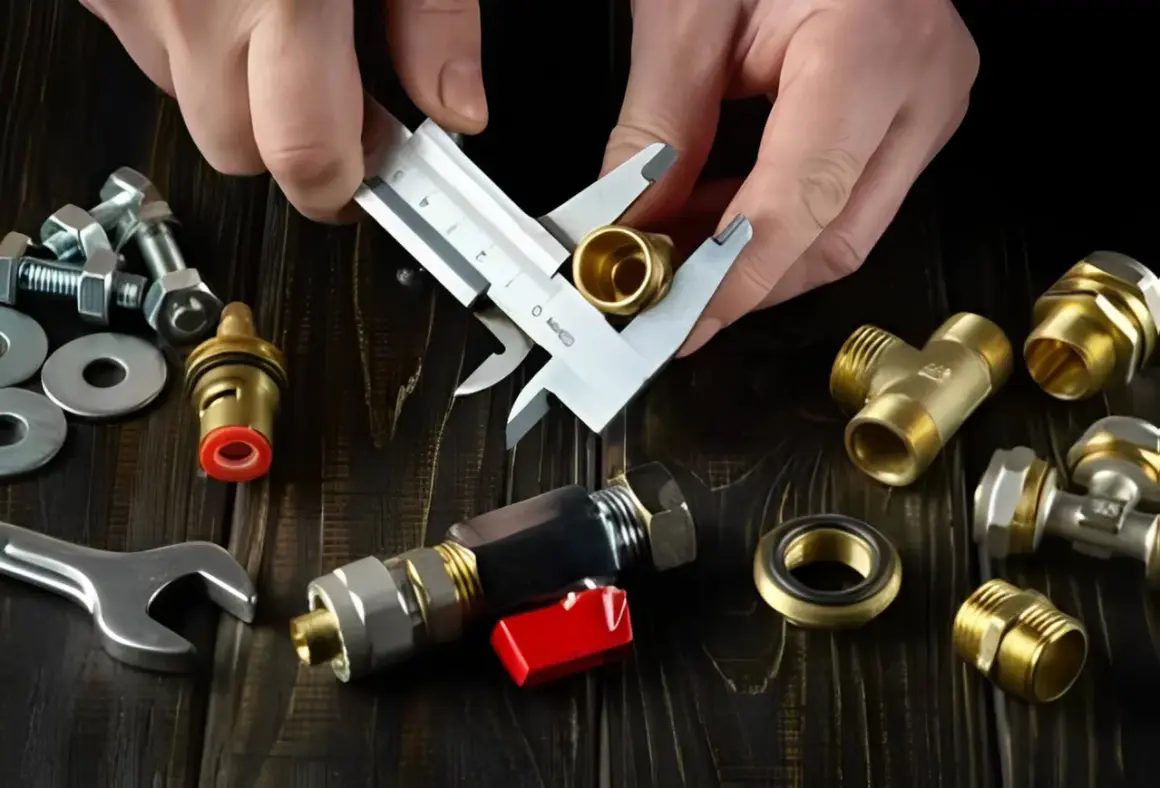 Mains de plombier mesurant un bouchon raccord hydraulique en laiton. Outils et raccords divers sur fond de bois sombre.