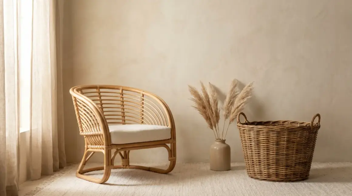 Un fauteuil en rotin naturel, un panier tressé et des herbes de pampa dans un vase. L'idée de peindre du rotin pour un look différent.