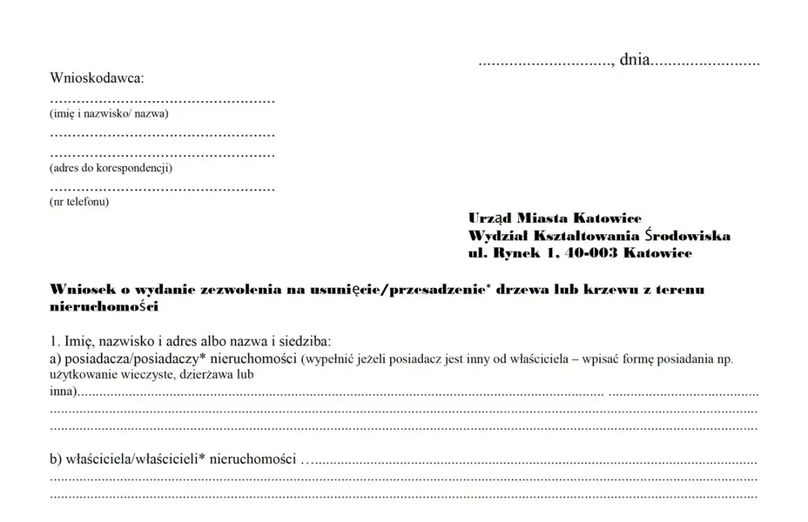 Formularz wniosku o zezwolenie na usunięcie drzewa. Informuje, jakie drzewa można wyciąć bez zezwolenia, gdy wniosek dotyczy terenu nieruchomości.