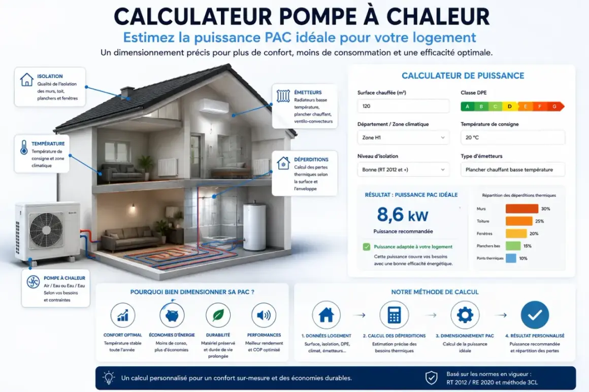 Un schéma illustre le dimensionnement d'une pompe à chaleur pour un logement, prenant en compte isolation, température et déperditions.