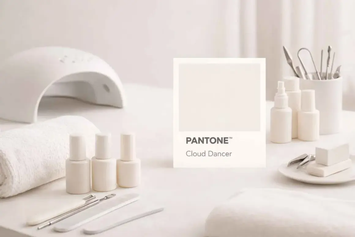Set per manicure con smalti color pantone crema "Cloud Dancer", lampada UV e accessori.