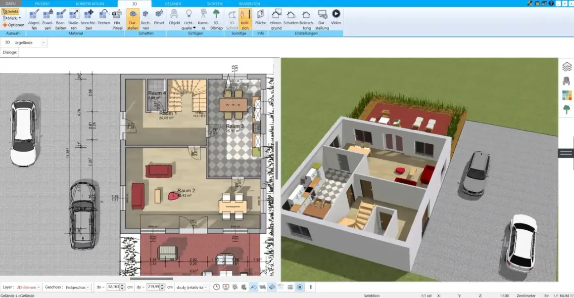 Software zur Wohnungseinrichtung planen: 2D-Grundriss und 3D-Ansicht eines Hauses mit Autos.