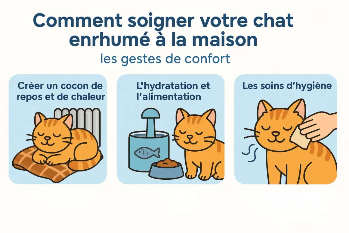 Un chaton roux se repose près d'un radiateur, boit de l'eau et mange, et se fait nettoyer le visage. Des gestes de confort pour un chat qui tousse, remède naturel.