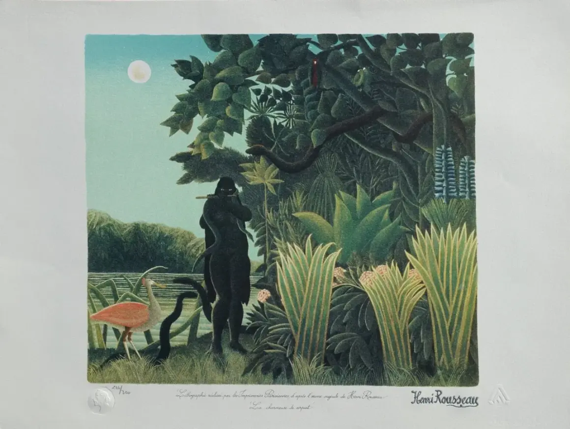 A dark figure plays a flute to a snake by a moonlit jungle river. A pink bird stands nearby. "The Snake Charmer" by Rousseau.
