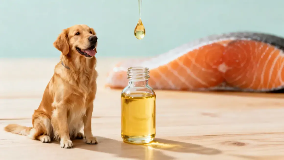 Golden retriever junto a una botella de aceite de salmón, destacando los aceite de salmon para perros beneficios.