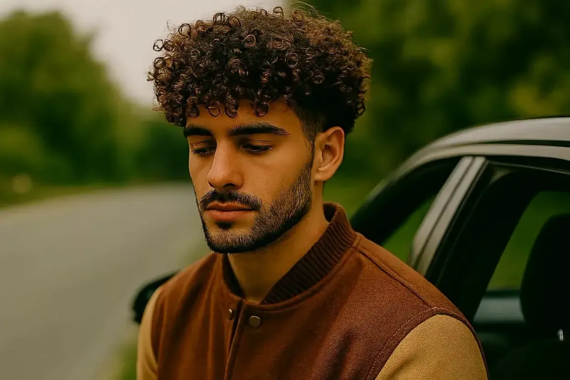 Un jeune homme aux cheveux bouclés, pensif, appuyé contre une voiture, le regard baissé.