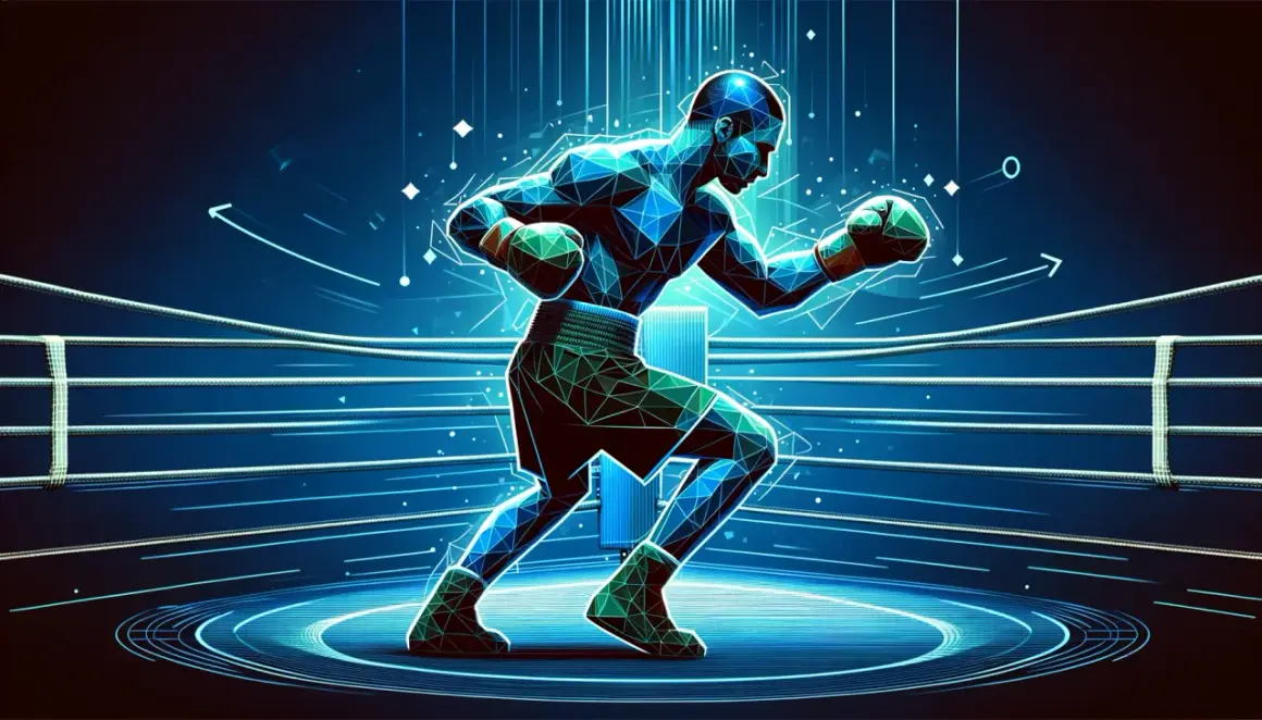 A polygonal boxer in a digital ring, demonstrating boxing footwork with glowing blue lines and arrows.