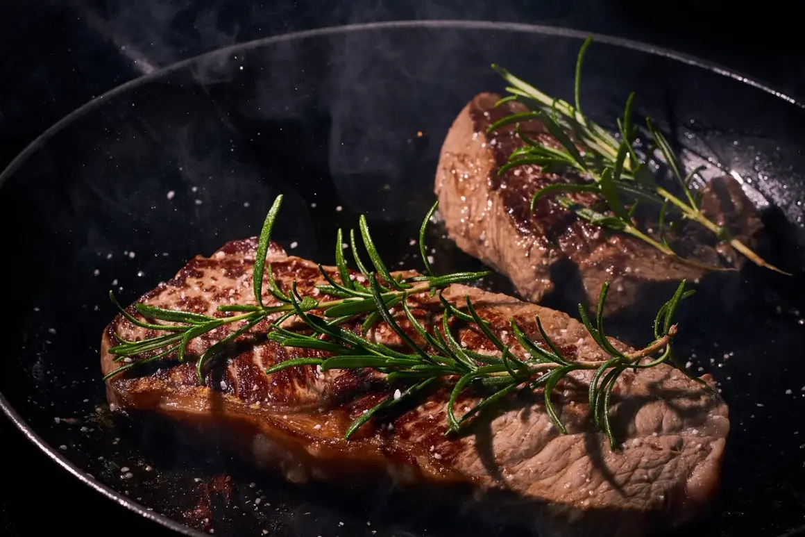 Zwei saftige Rumpsteaks braten in einer Pfanne, garniert mit Rosmarin und grobem Salz. Dampf steigt auf und verheißt ein köstliches Mahl.