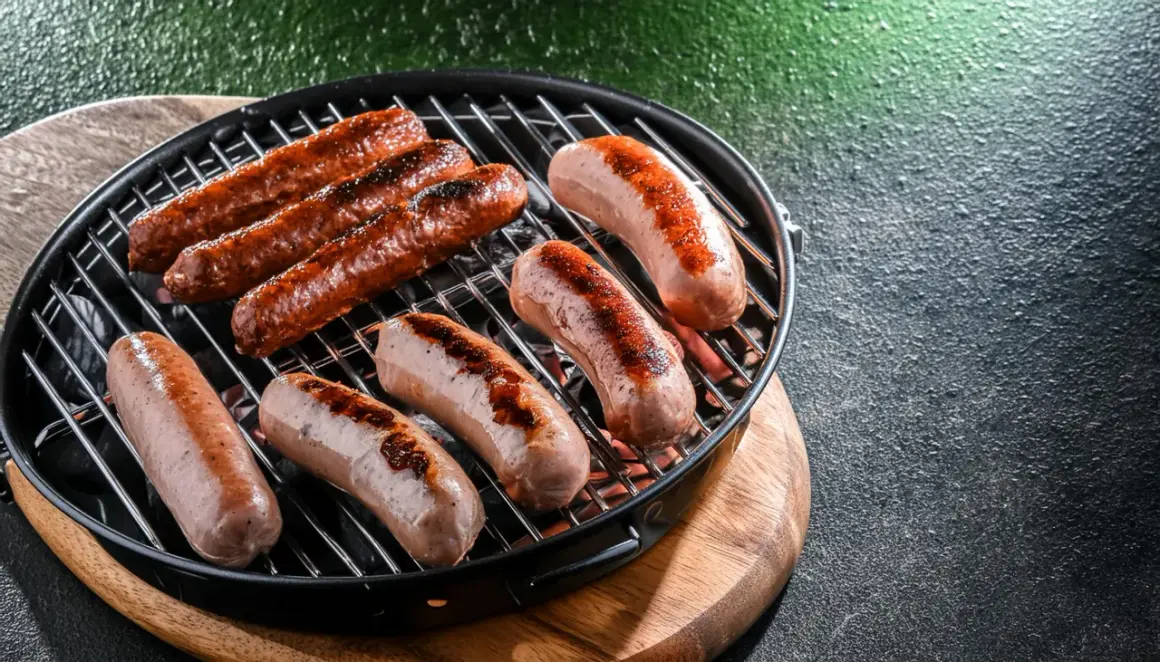 Mehrere rohe Bratwürste braten auf einem Grill. Sie sind noch nicht ganz durch, aber schon schön gebräunt.