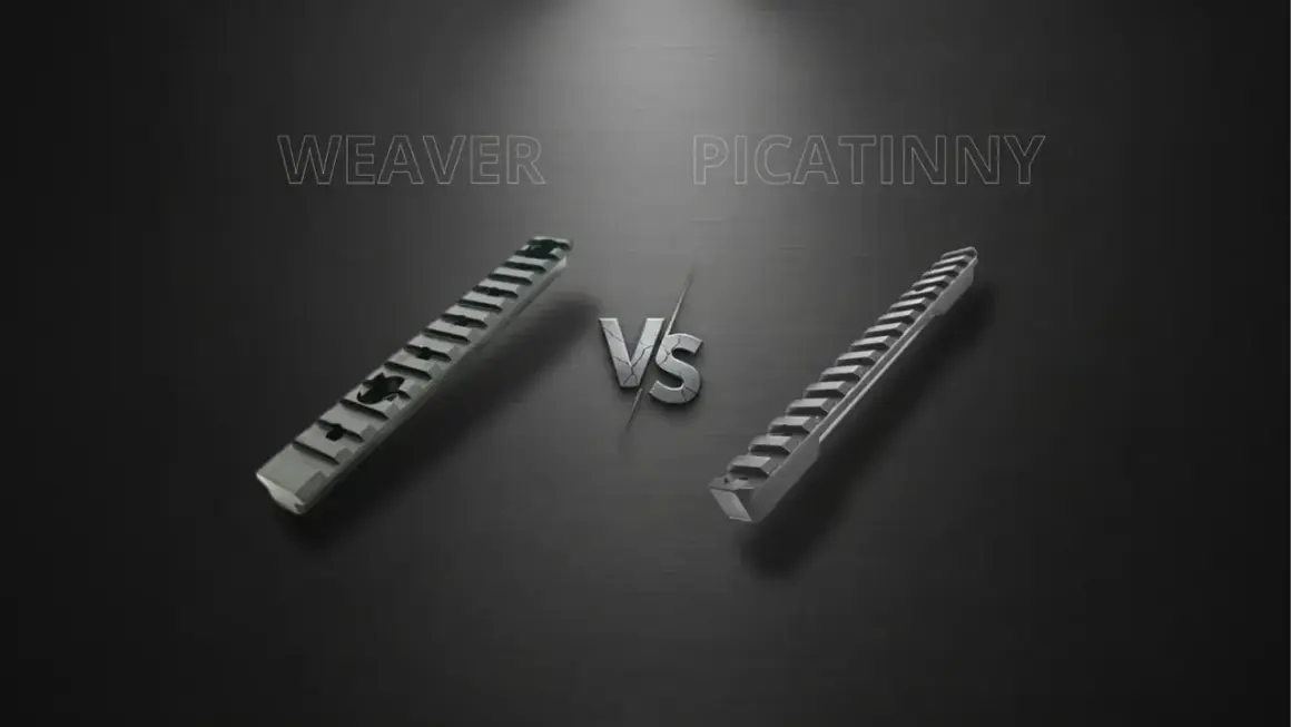 Porównanie rodzajów szyn montażowych do broni: Weaver vs. Picatinny. Dwie szyny z różnymi nacięciami, symbolizujące ich odmienność.