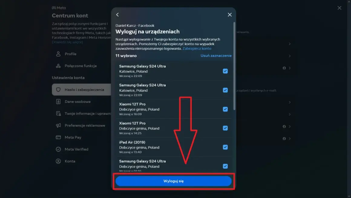 Jak wylogować się z Facebooka? Ekran pokazuje listę urządzeń, z których można się wylogować, aby zabezpieczyć konto.