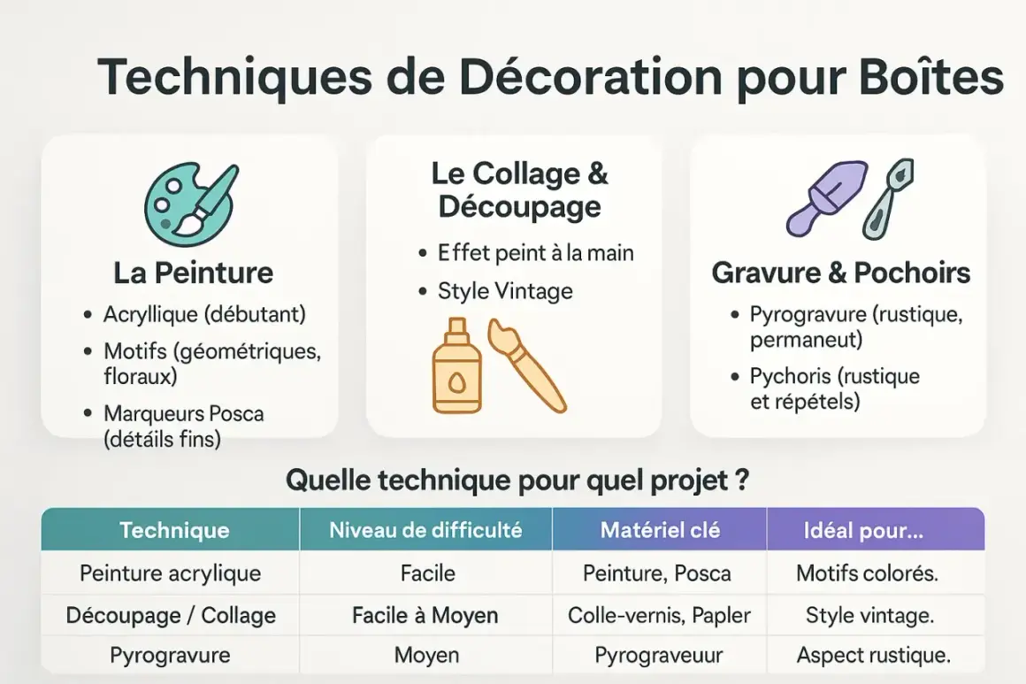 Tableau comparatif des techniques de décoration pour boîtes en bois : peinture, collage, gravure. Une idée décoration boite en bois pour chaque style.