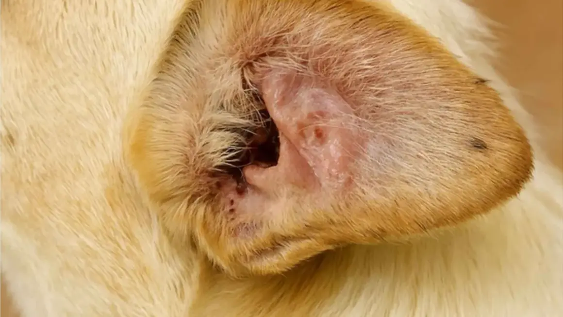 Otohematoma en la oreja de un perro, mostrando inflamación y enrojecimiento.