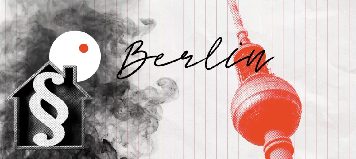 Rauchmelder Pflicht Berlin: Ein Haus mit Paragraphenzeichen und Rauch, daneben der Schriftzug "Berlin" und der Fernsehturm.