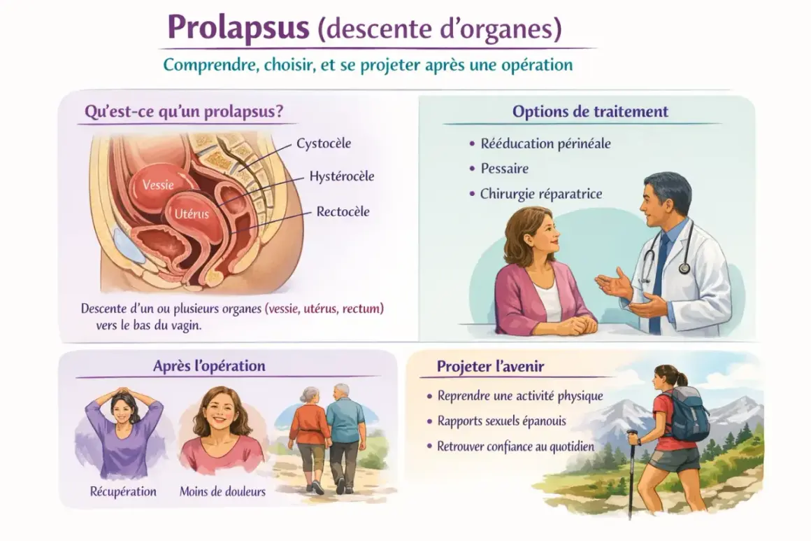 Illustration expliquant le prolapsus et ses options de traitement, incluant la chirurgie réparatrice pour un prolapsus stade 3.
