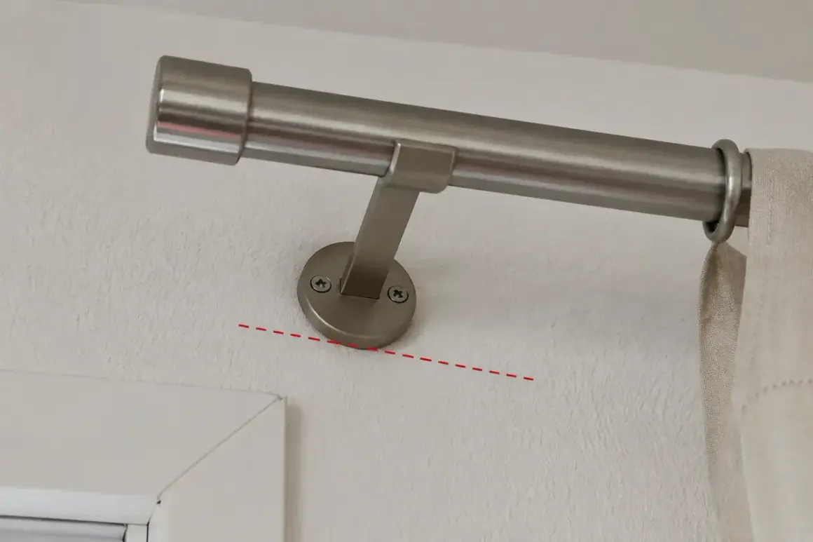 Eine silberne Gardinenstange wird an der Wand befestigt. Die Halterung ist mit Schrauben gesichert.