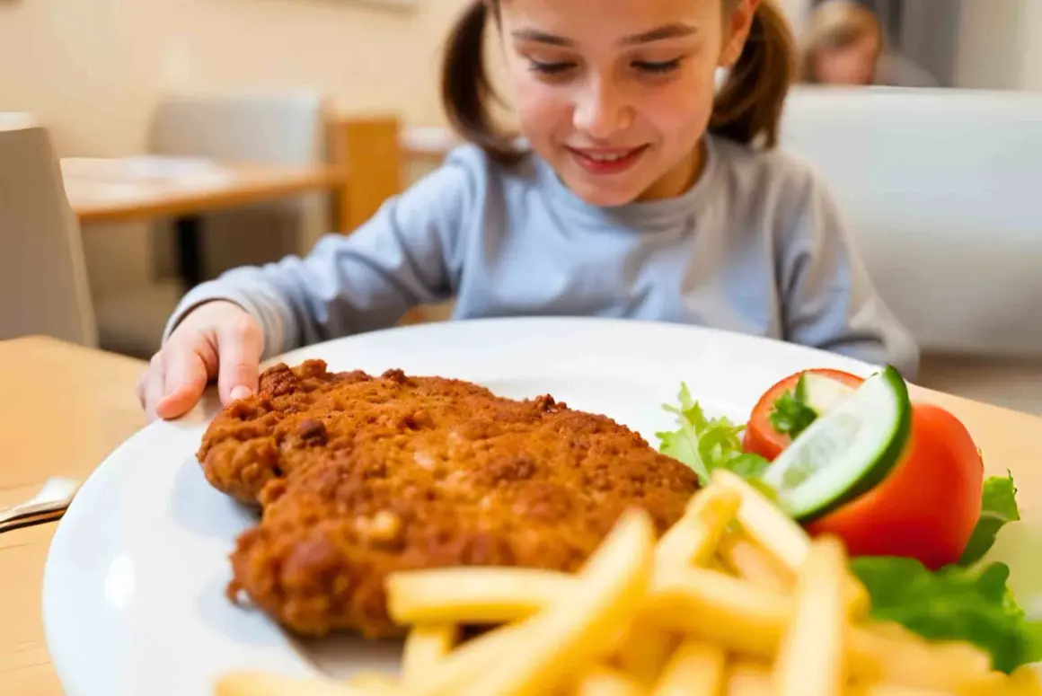 Niña sonriente mira un plato con una jugosa milanesa de ternera, papas fritas y ensalada.