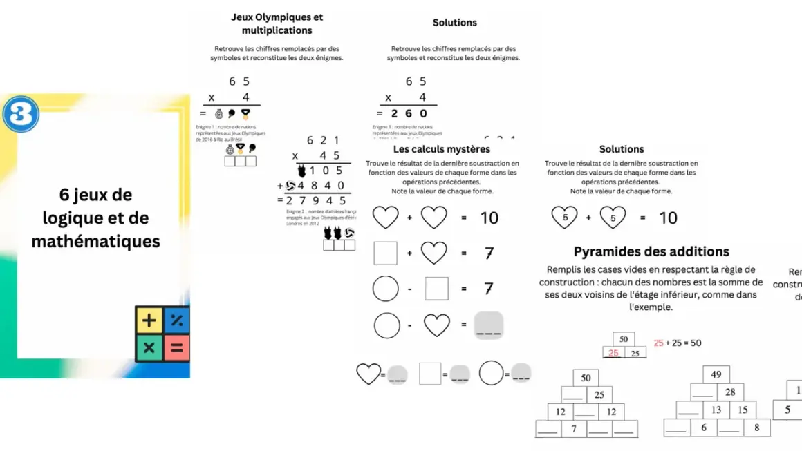 Concentration jeux de logique à imprimer : énigmes mathématiques sur les Jeux Olympiques et calculs mystères.