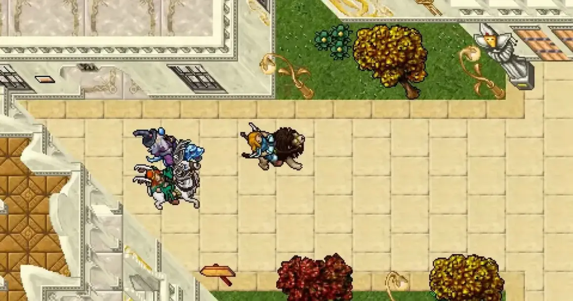 Postacie z gry Tibia na rynku, jedna na koniu, druga na bestii.