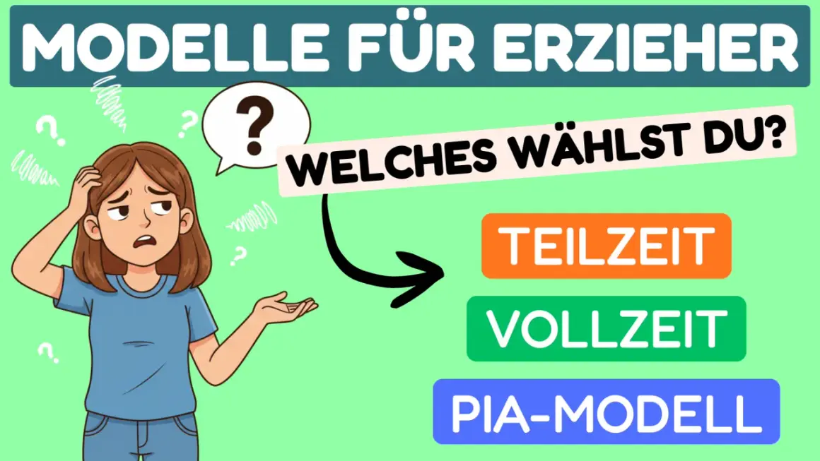 Verwirrte Person fragt: "Welches Modell wählst du?" für Erzieher: Teilzeit, Vollzeit oder PIA-Modell. Infos zum PIA-Ausbildung Gehalt netto gesucht.