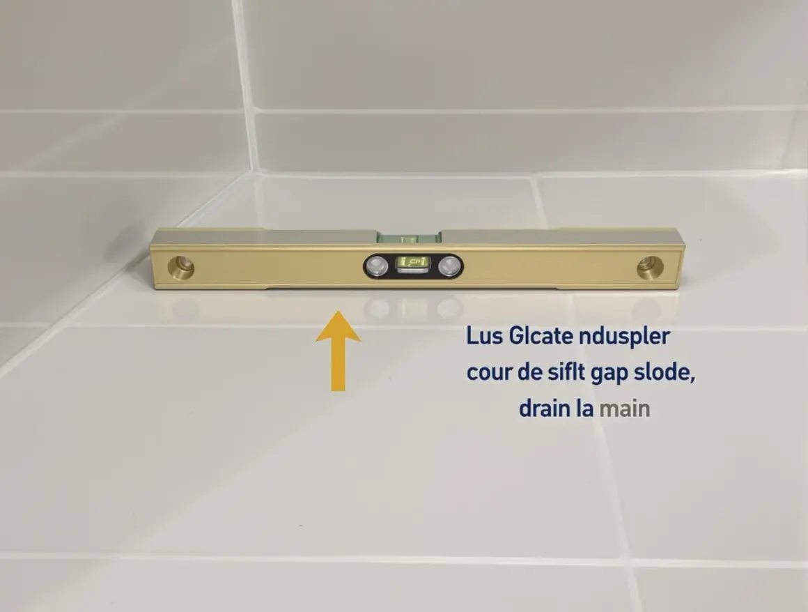 Niveau à bulle doré sur carrelage blanc, vérifiant la pente de la canalisation de la salle de bain pour un bon drainage.