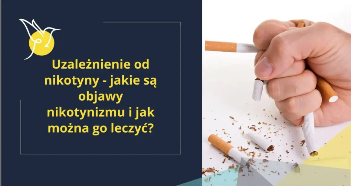 Dłoń miażdży papierosy, symbolizując walkę z uzależnieniem od nikotyny i objawami nikotynizmu.