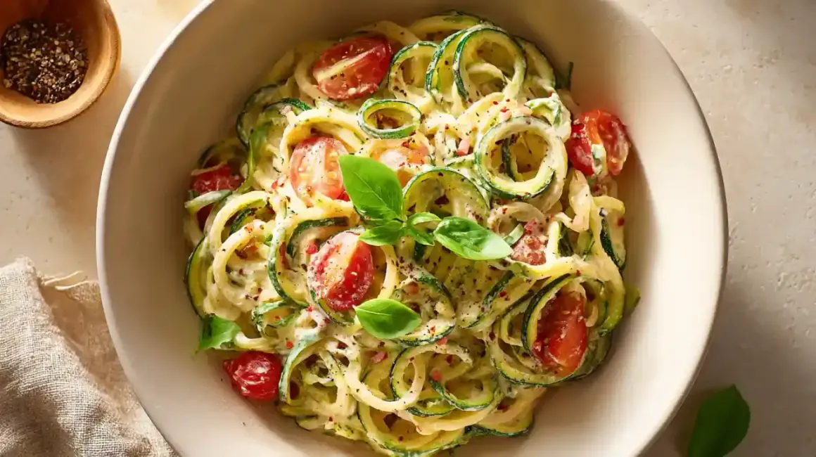 Eine Schüssel cremiger Pasta mit Zucchini, Kirschtomaten und frischem Basilikum, garniert mit Chiliflocken.