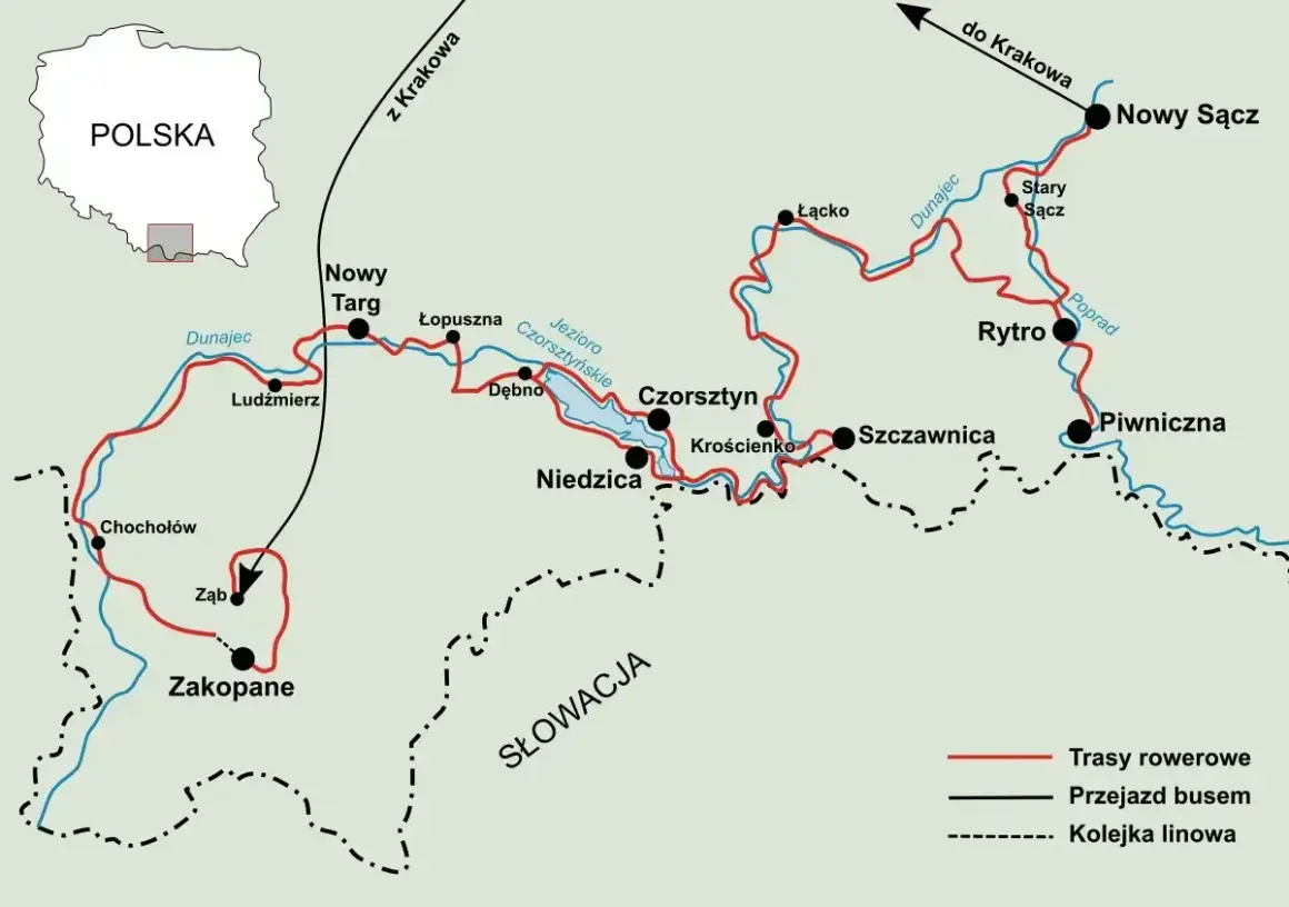 Mapa tras rowerowych wzdłuż Dunajca i Popradu, z zaznaczonymi miejscowościami jak Szczawnica, Niedzica, Czorsztyn, Nowy Targ i Zakopane.