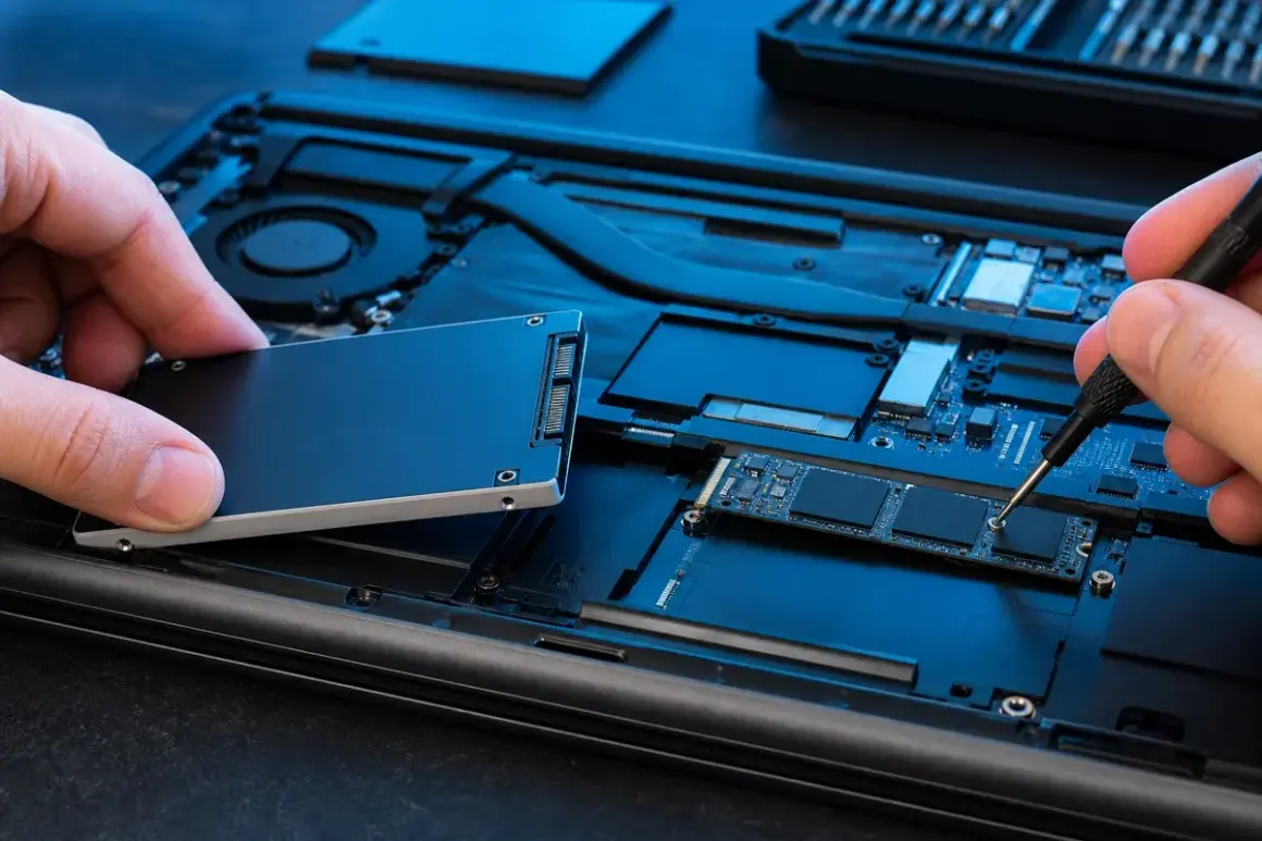 Wymiana dysku w laptopie: ręka trzyma nowy dysk SSD, druga dokręca śrubkę precyzyjnym śrubokrętem.