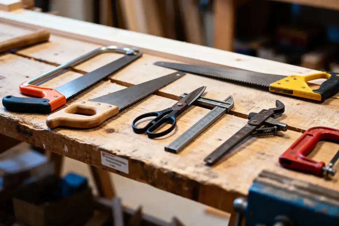 Sur un établi en bois, divers outils de mesure et de coupe sont disposés : scies, ciseaux, pied à coulisse, et une pince.