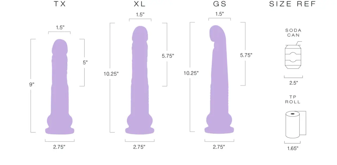 Porównanie rozmiarów: TX (23 cm), XL (26 cm) i GS (26 cm). Obok puszka napoju i rolka papieru toaletowego.