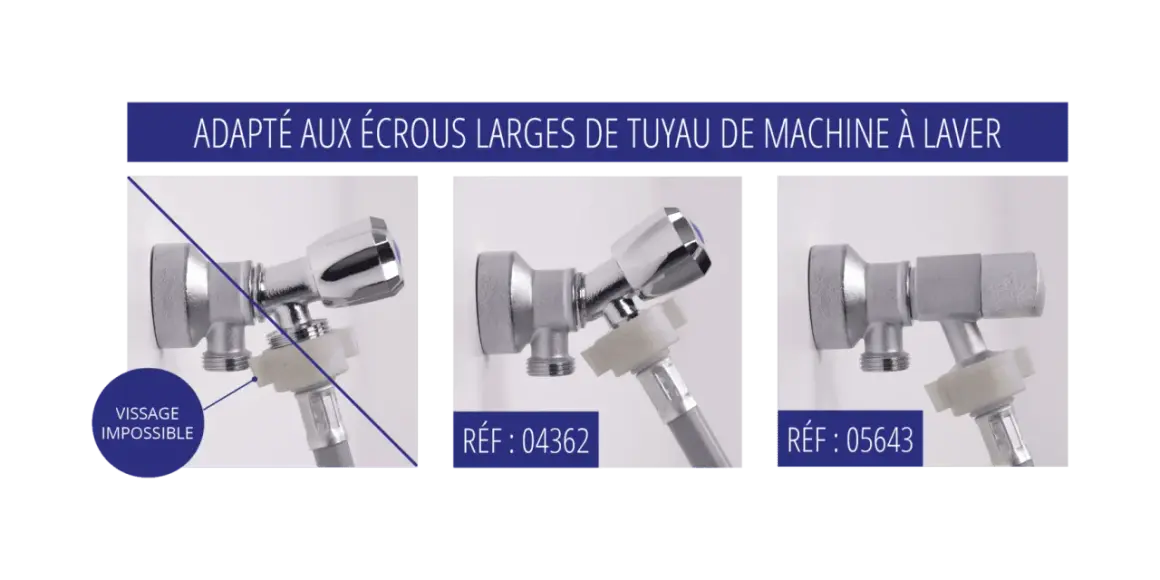 Robinet machine à laver chromé, avec adaptateur pour tuyau. Différents modèles présentés.