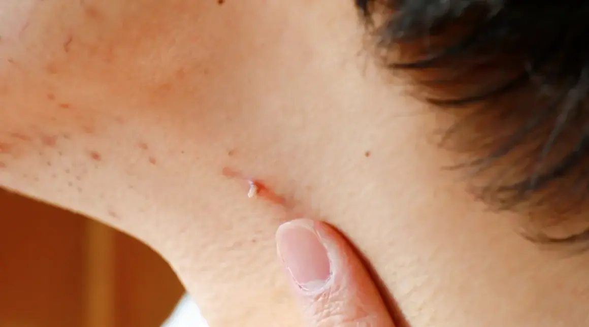 Dermatolog usuwanie brodawek: palec wskazuje na małą, jasną zmianę skórną na szyi, sugerującą zabieg.
