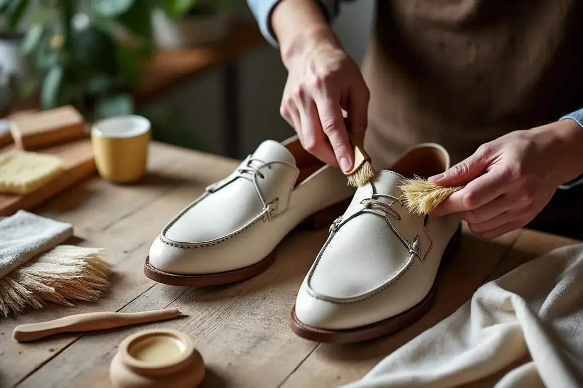 Des mains nettoient délicatement des mocassins en nubuck clair avec une brosse. Apprenez comment nettoyer du nubuck clair pour un entretien parfait.
