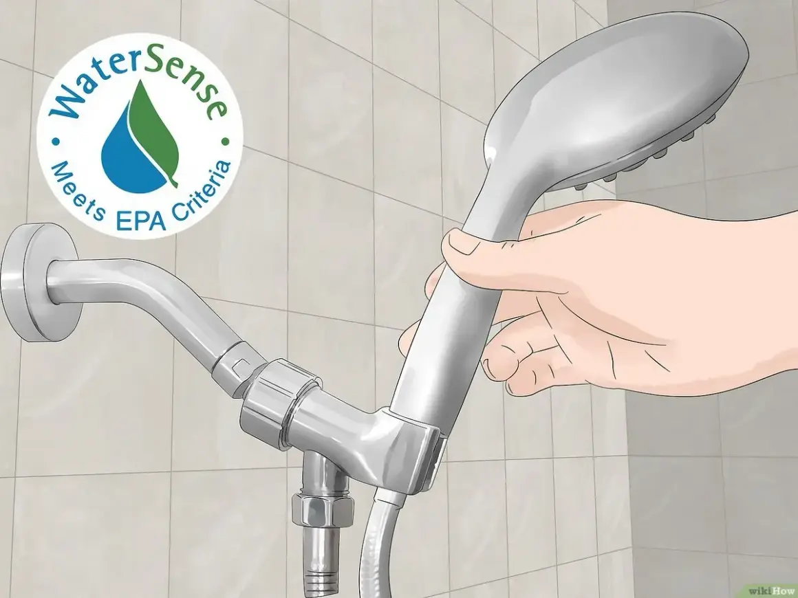 A hand holds a new shower head, ready to replace the old one. The WaterSense label indicates it meets EPA criteria for water efficiency.