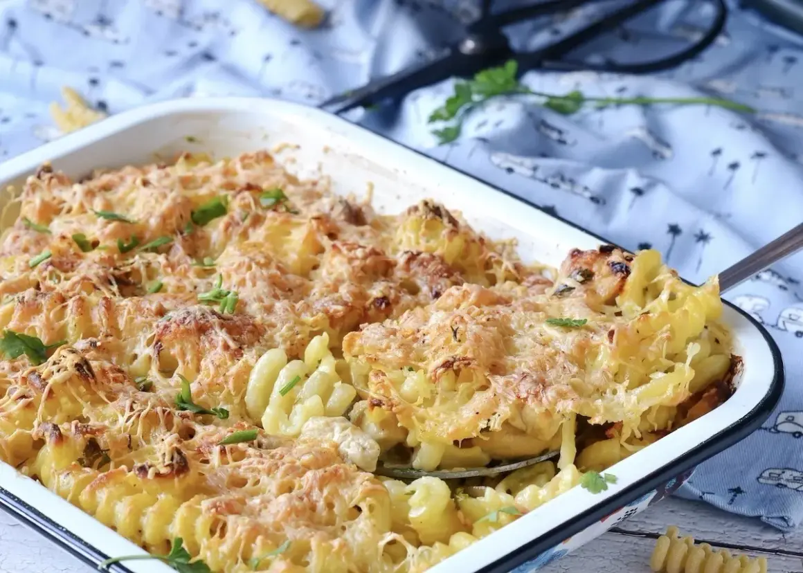 Gratin de pâtes au poulet et à la béchamel, doré et gratiné, garni de persil frais.