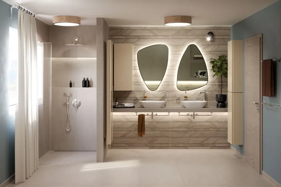 Modernes Badezimmer mit Dusche und Doppelwaschtisch. Holzoptik-Fliesen sind der aktuelle fliesen trend badezimmer.