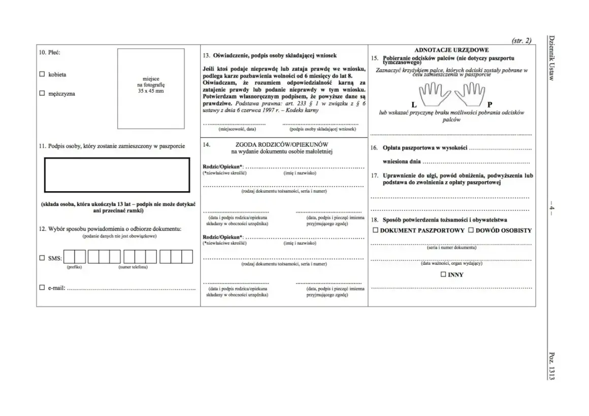 Wniosek o paszport druk: pole wyboru płci, miejsce na zdjęcie, zgoda rodziców, dane urzędowe, opłata, potwierdzenie tożsamości.