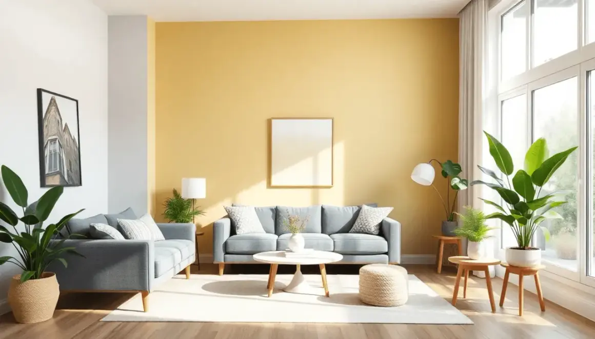 Un salon baigné de lumière avec un mur jaune soleil, des canapés gris doux et des plantes vertes luxuriantes. La couleur peinture salon lumineux crée une ambiance chaleureuse.