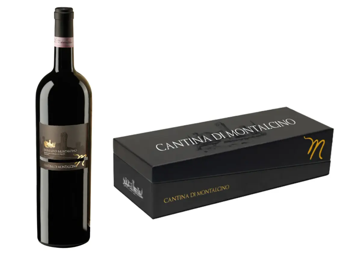 Butelka i pudełko na wino Brunello di Montalcino. Elegancki zestaw dla koneserów.