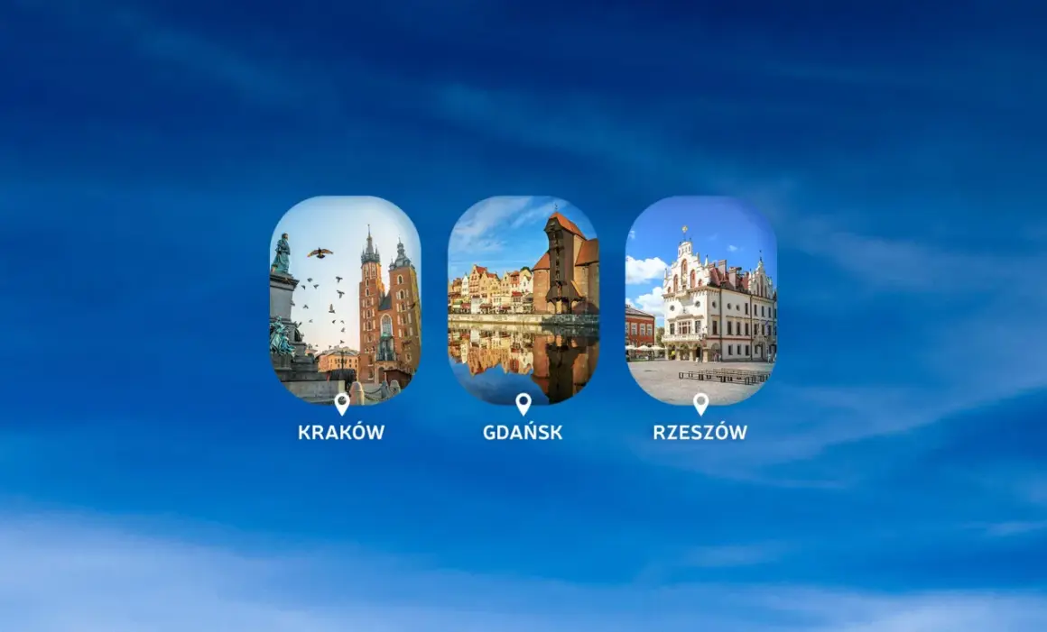Trzy okrągłe zdjęcia polskich miast: Kraków, Gdańsk i Rzeszów, na tle niebieskiego nieba.