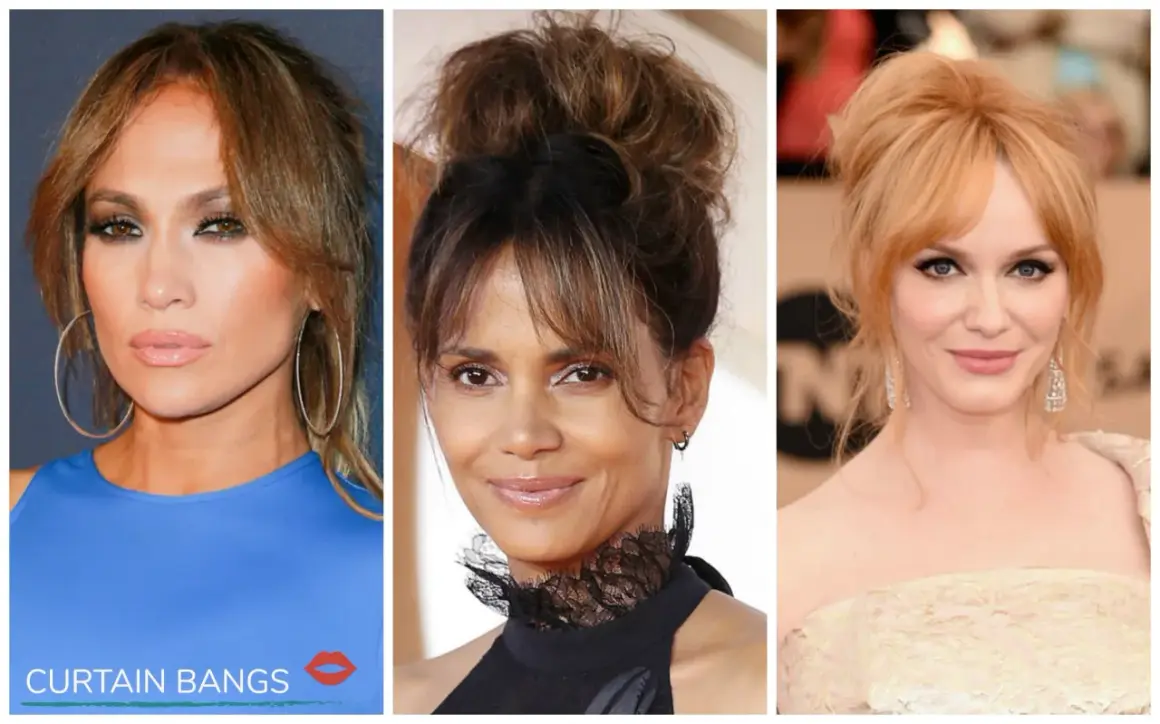 Tre kändisar med olika frisyrer. Jennifer Lopez med gardinlugg och lockigt hår, Halle Berry med en hög tofs och lugg, samt Christina Hendricks med en mjuk lugg.
