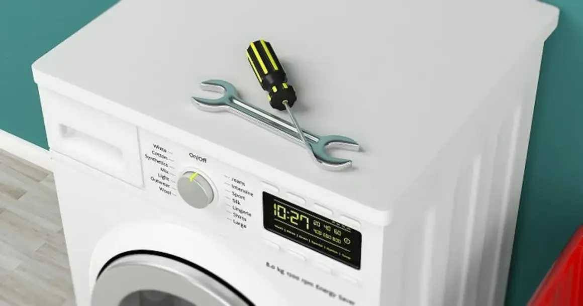 Outil de réparation sur un sèche-linge qui ne sèche plus. Le tournevis et la clé indiquent un problème.